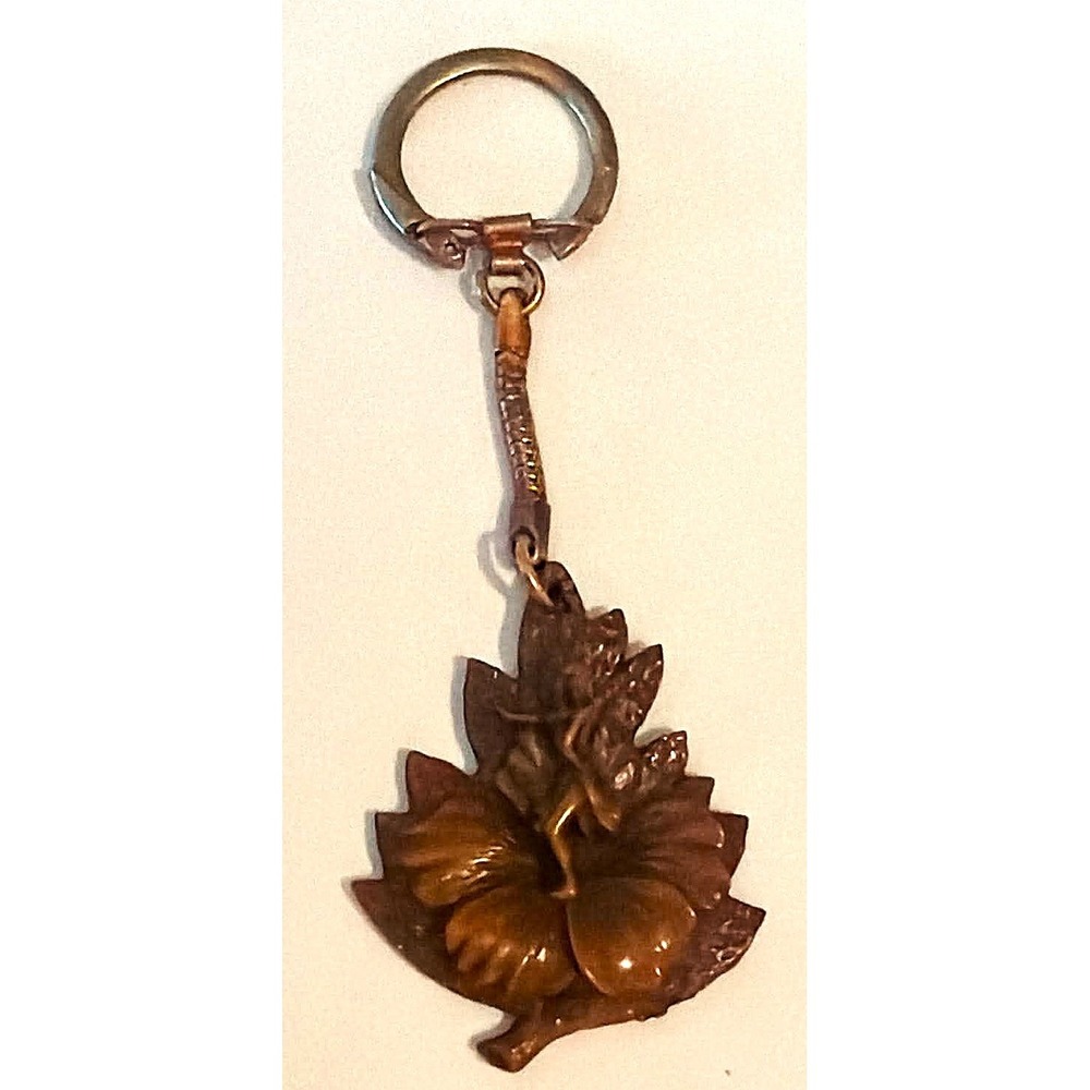 Vintage Hula Dancer Hibiscus Souvenir Keychain Hawaii